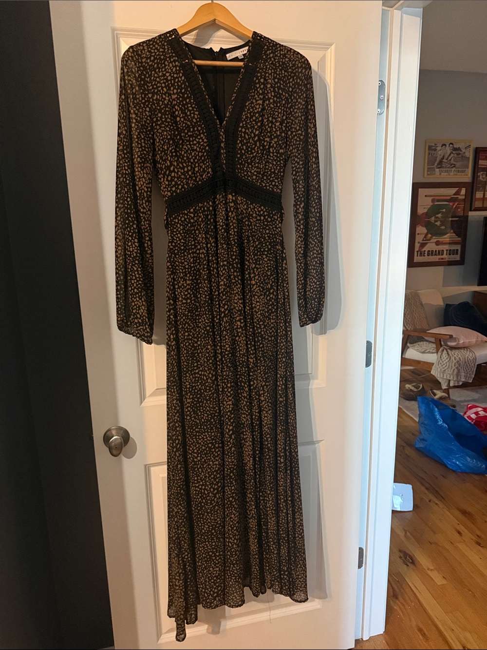 Black/Brown micro Print Maxi Dress with v-neck